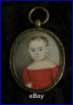 Fantastic Portrait Miniature Child c1835 American Folk Mourning