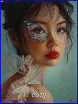 Fantasy Floral Woman Oil Painting Butterfly Face Art Dark-Haired Girl Portrait