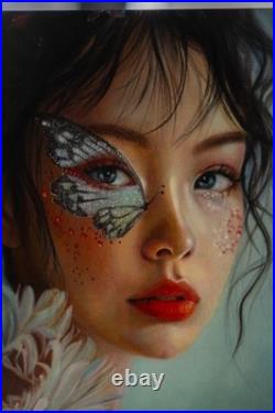 Fantasy Floral Woman Oil Painting Butterfly Face Art Dark-Haired Girl Portrait