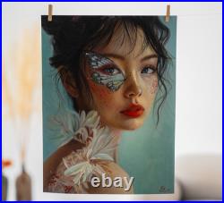 Fantasy Floral Woman Oil Painting Butterfly Face Art Dark-Haired Girl Portrait