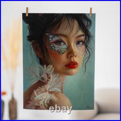 Fantasy Floral Woman Oil Painting Butterfly Face Art Dark-Haired Girl Portrait
