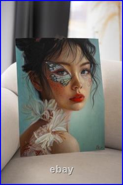 Fantasy Floral Woman Oil Painting Butterfly Face Art Dark-Haired Girl Portrait