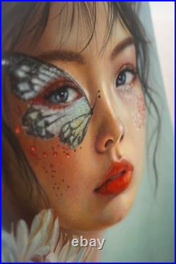 Fantasy Floral Woman Oil Painting Butterfly Face Art Dark-Haired Girl Portrait