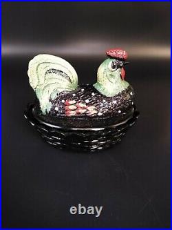 Fenton Folk Art Collection Hen On Nest Black Glass Hand Painted & Signed