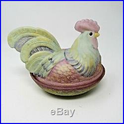 Fenton Hen on Nest Rooster Hand Painted C Riggs Folk Art Rooster Pastel marked