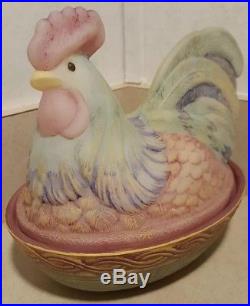 Fenton Satin Glass Folk Art Hand Painted Signed Rooster Hen On Nest Dish