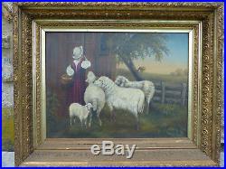 Fine Antique Sheep at Barn with Girl Folk Art Oil Painting Original Gold Frame