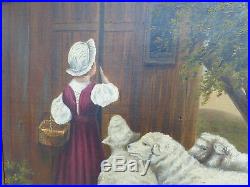 Fine Antique Sheep at Barn with Girl Folk Art Oil Painting Original Gold Frame