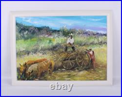 Fine Mid Century Folk Art Haitian Ox Oil Painting Signed Illegible