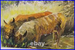 Fine Mid Century Folk Art Haitian Ox Oil Painting Signed Illegible