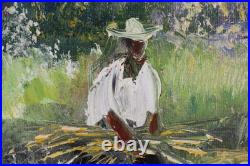 Fine Mid Century Folk Art Haitian Ox Oil Painting Signed Illegible
