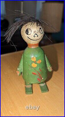 Folk Art 1920s Scarey Ann Wood Doll Toy Retractable Hair Rare Painting Scheme
