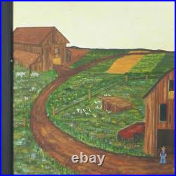 Folk Art Acrylic Painting on Canvas Farm Landscape Signed R. Hulme Vintage