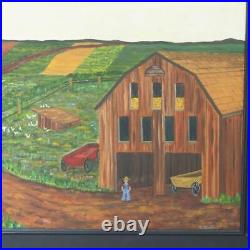 Folk Art Acrylic Painting on Canvas Farm Landscape Signed R. Hulme Vintage