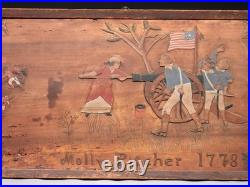 Folk Art Americana Revolutionary War Molly Pitcher Relief Carved Wood Painting