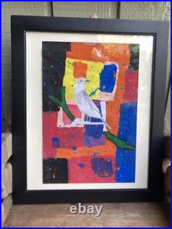Folk Art Collage Bird Painting Naive Abstract Color Block Framed 23x 19