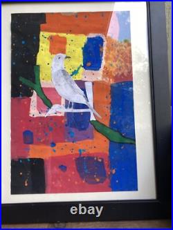 Folk Art Collage Bird Painting Naive Abstract Color Block Framed 23x 19