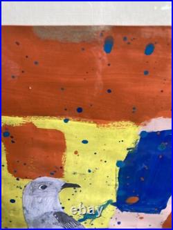 Folk Art Collage Bird Painting Naive Abstract Color Block Framed 23x 19