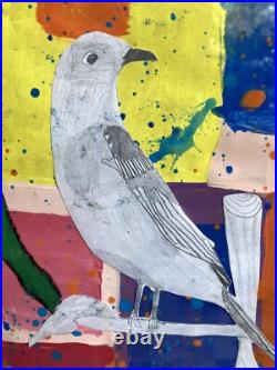 Folk Art Collage Bird Painting Naive Abstract Color Block Framed 23x 19