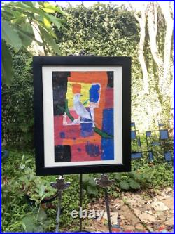Folk Art Collage Bird Painting Naive Abstract Color Block Framed 23x 19