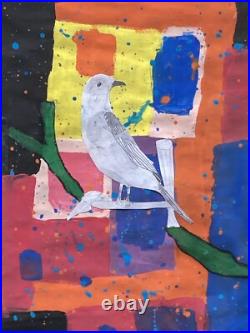 Folk Art Collage Bird Painting Naive Abstract Color Block Framed 23x 19