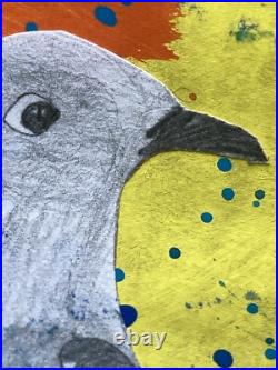Folk Art Collage Bird Painting Naive Abstract Color Block Framed 23x 19