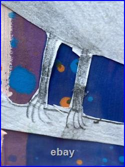 Folk Art Collage Bird Painting Naive Abstract Color Block Framed 23x 19