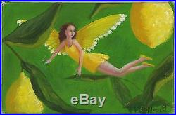 Folk Art Fairy Yellow Lemon Citrus Fruit Botanical Listed Artist Small Painting