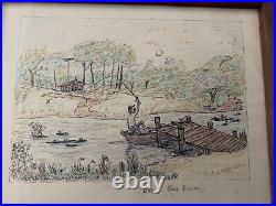 Folk Art Fishing Vintage Original Mixed Media Painting signed E. L Adams