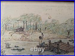 Folk Art Fishing Vintage Original Mixed Media Painting signed E. L Adams