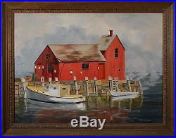 Folk Art Harbor Oil Painting With Boats Framed & Signed John Echon NICE
