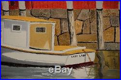 Folk Art Harbor Oil Painting With Boats Framed & Signed John Echon NICE