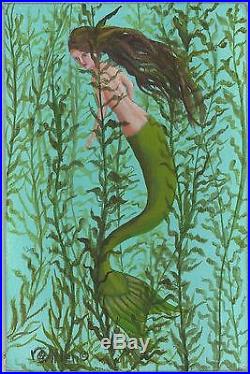 Folk Art Mermaid Seaweed Ocean Flora Listed Artist Miniature Small Painting