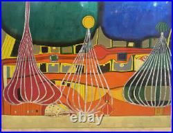 Folk Art Modern Abstract Lacquer Art Painting on Wood Mid Century MCM