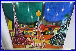 Folk Art Modern Abstract Lacquer Art Painting on Wood Mid Century MCM