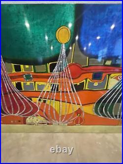 Folk Art Modern Abstract Lacquer Art Painting on Wood Mid Century MCM