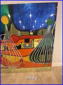 Folk Art Modern Abstract Lacquer Art Painting on Wood Mid Century MCM
