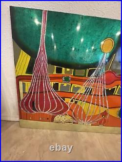 Folk Art Modern Abstract Lacquer Art Painting on Wood Mid Century MCM