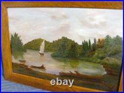 Folk Art /Naive New England Lake & Landscape with Sailboat Antique Oil Painting