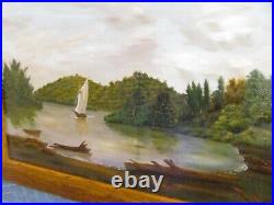 Folk Art /Naive New England Lake & Landscape with Sailboat Antique Oil Painting