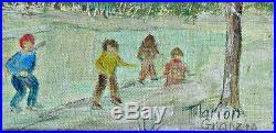 Folk Art Naive Vintage Painting Central Park Skate Rink NY Kids Skyline Granzin