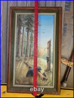 Folk Art Oil Painting Western Black Bears Scene Signed