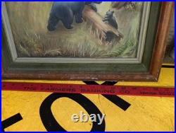 Folk Art Oil Painting Western Black Bears Scene Signed
