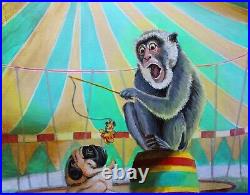 Folk Art Painting 11 x 14 Original Pugs Monkeys Acrylic Oil By Maria Fisher