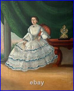 Folk Art Painting 19th C Mexican South American Oil 1850 Beautiful Dress