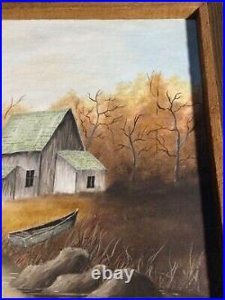 Folk Art Painting Old Wood Barn/House On River By Janet Harkraker Rustic Frame