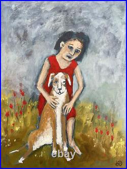 Folk Art Painting Portrait woman and dog 9x12 on paper