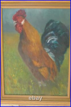 Folk Art Painting Realistic Rooster On The Prarie Farmland
