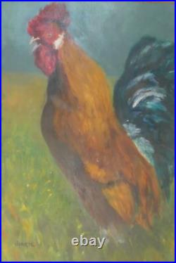 Folk Art Painting Realistic Rooster On The Prarie Farmland