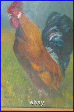 Folk Art Painting Realistic Rooster On The Prarie Farmland